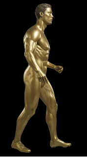 Gold statue of a walking figure on a black background Cristiano Ronaldo Golden Doll