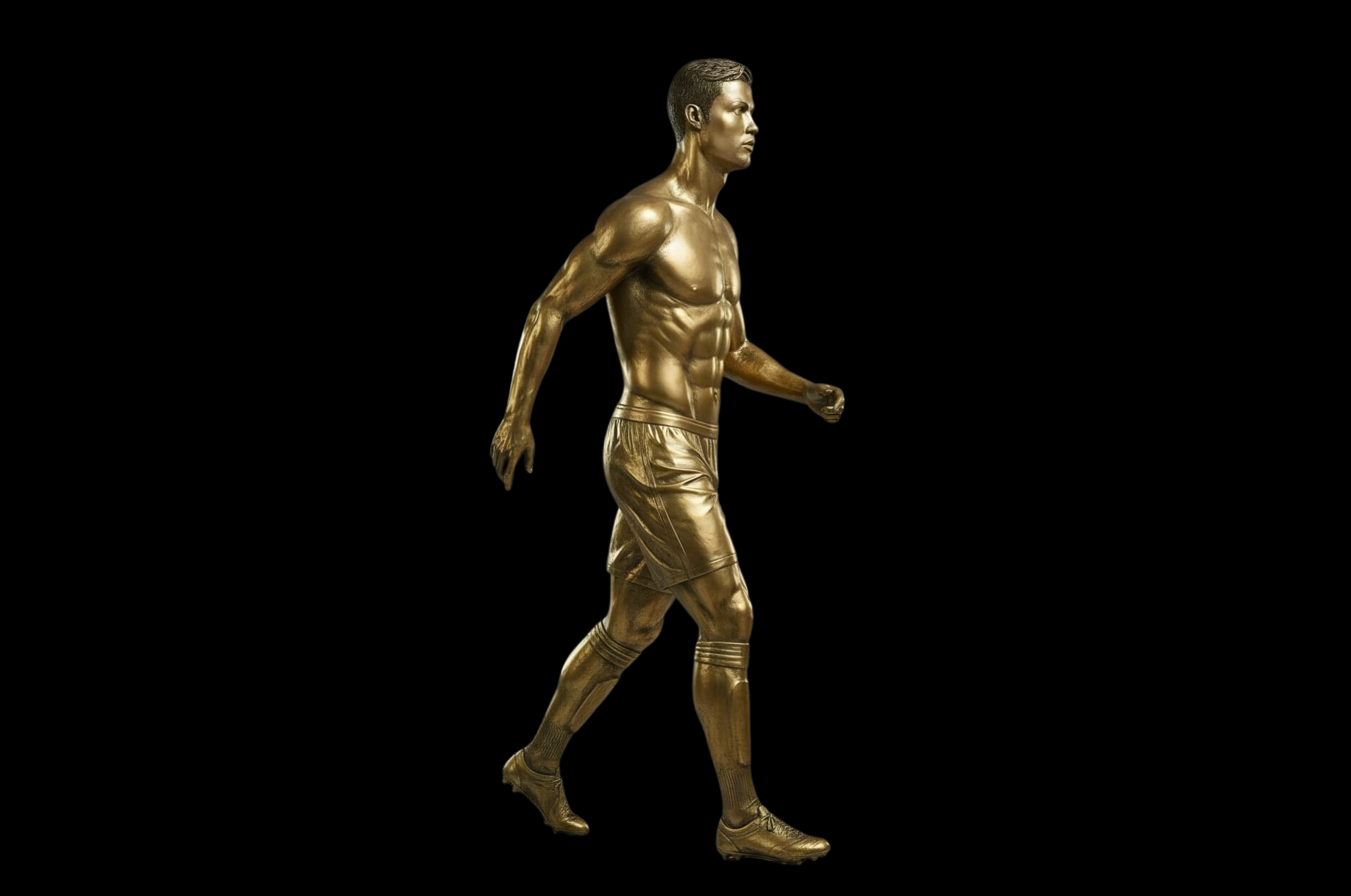 Gold statue of a running figure on a black background Cristiano Ronaldo Golden Doll