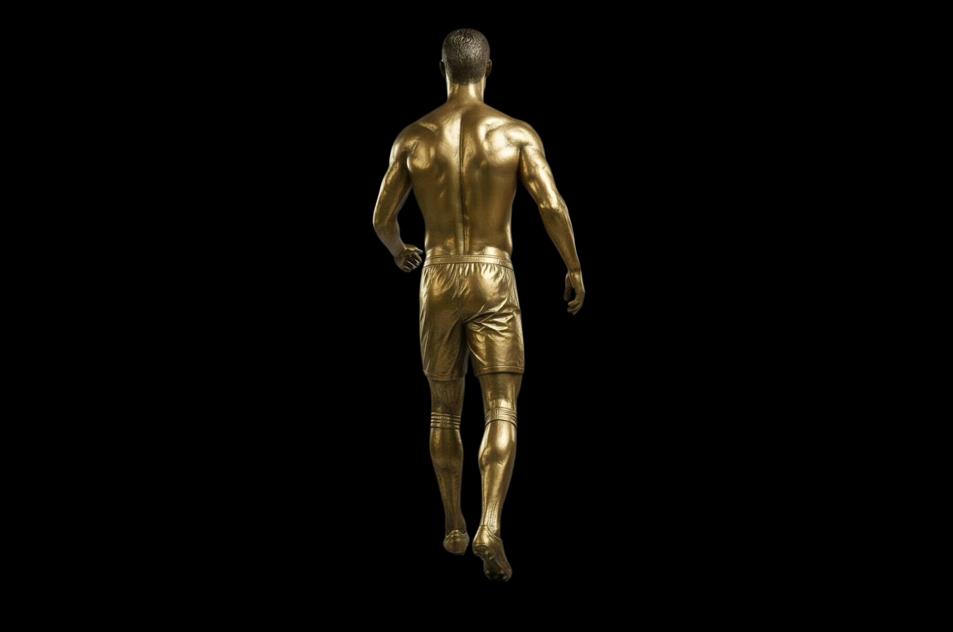 Gold statue of a running figure on a black background Cristiano Ronaldo Golden Doll 