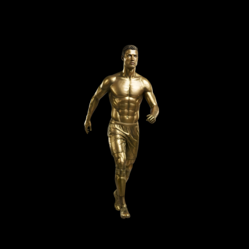 Bronze statue of a running man on a black background
